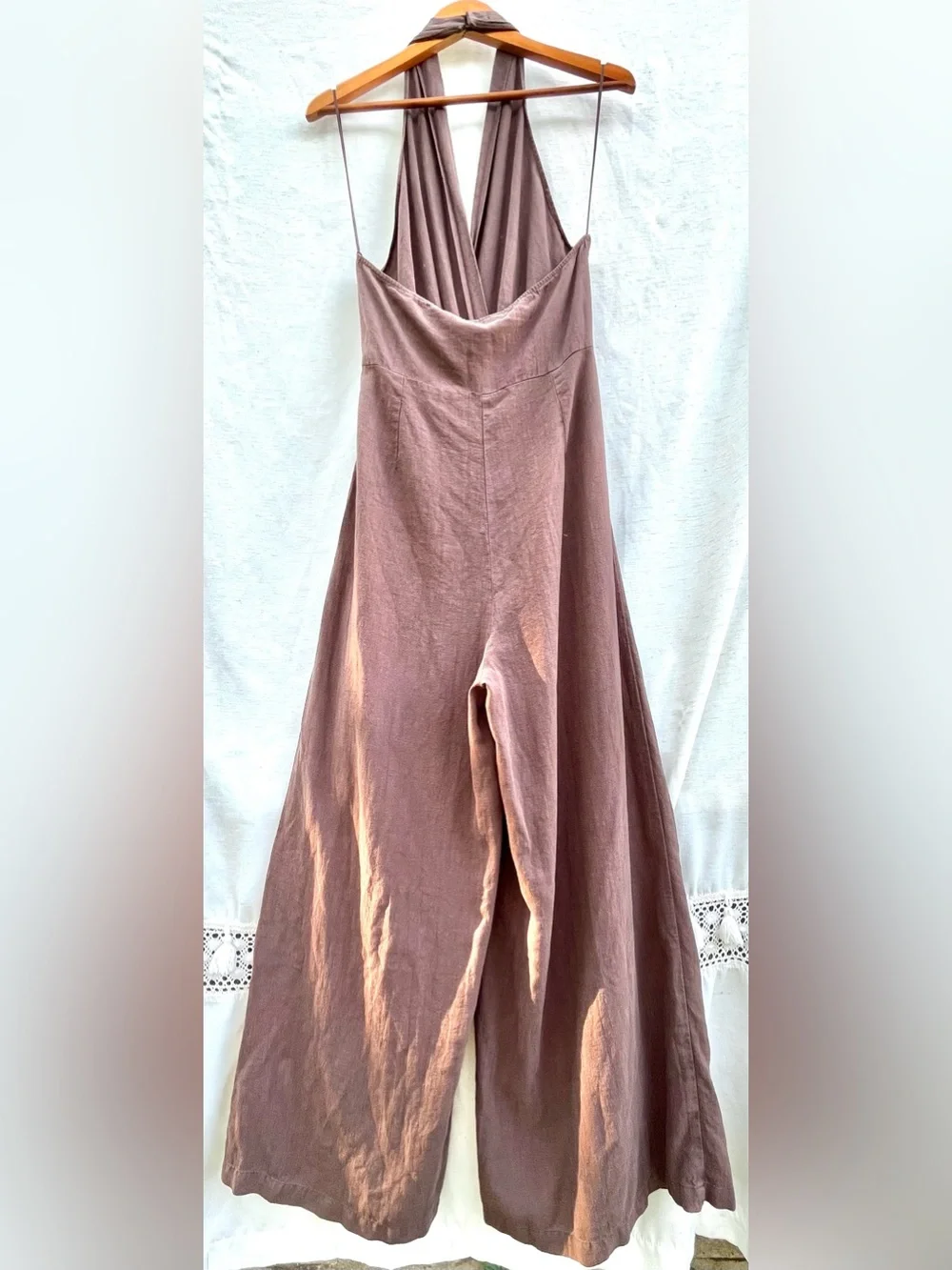 Zara Rami Jumpsuit Halterneck Crossover V-Neck Pareo w Buckle Open Back Brown L